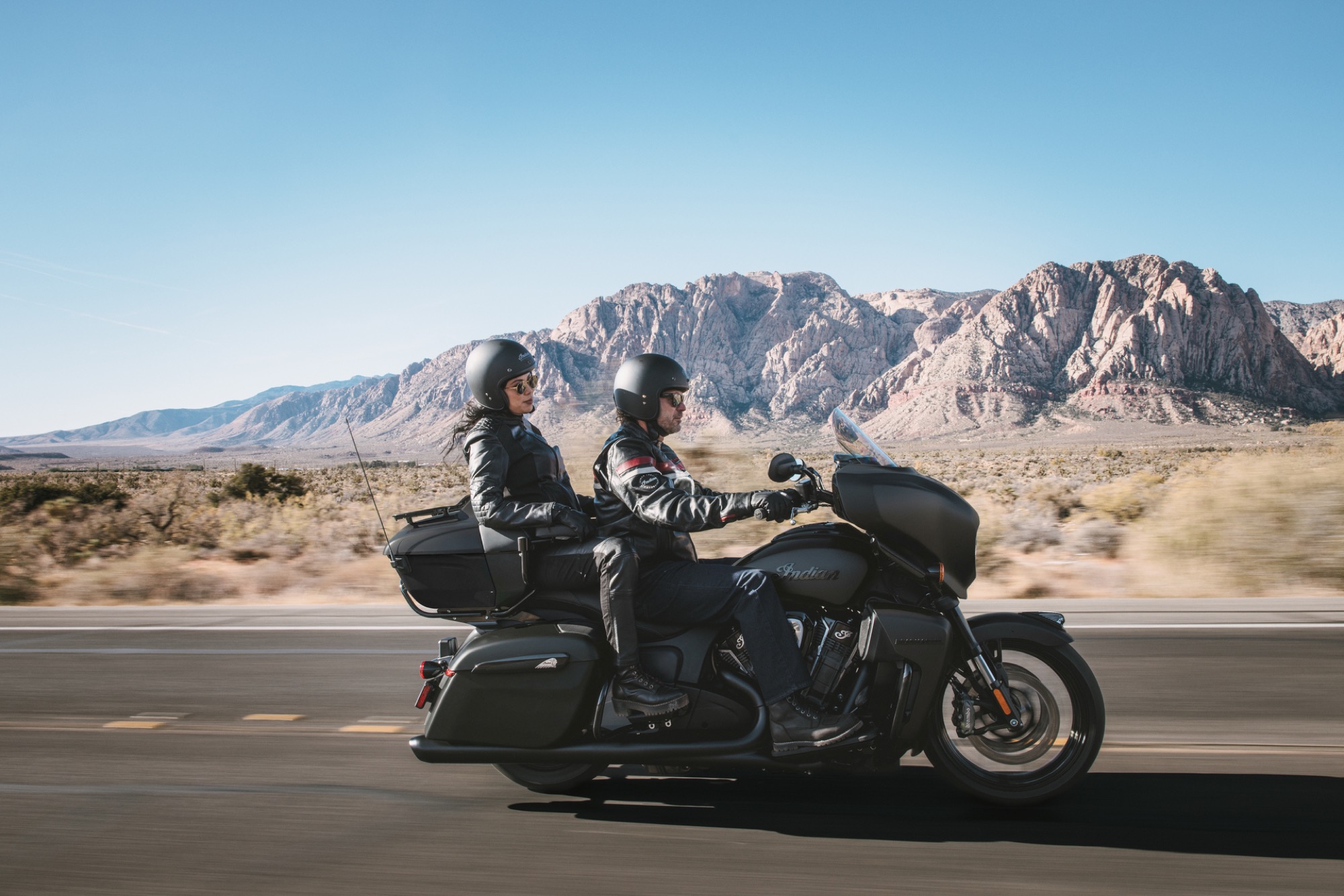 Indian Roadmaster touring through Red Rock Canyon